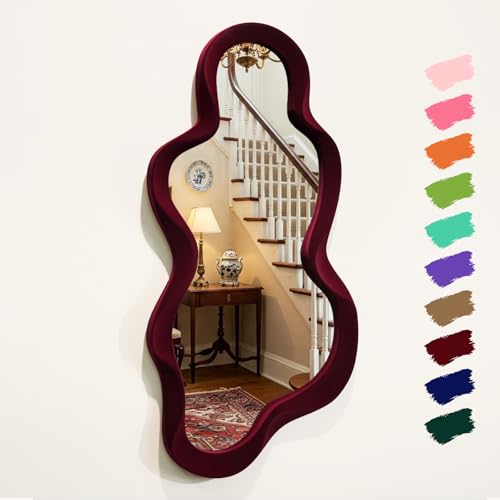 TEIPAI Mirror Wall Decor for Vintage Living Room Bedroom, 13.8x29.7 Asymmetrical Decorative Mirror for Entryway Porch Staircase, Retro Modern Hanging Wall Art Gift for Christmas Wedding (Wine Red)