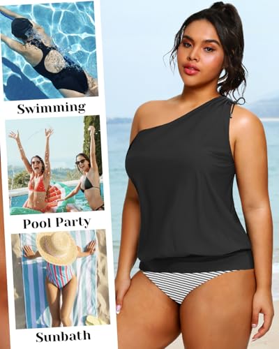 Women Plus Size Tankini Tops - 2025 Blouson Tummy Control Swim Top Only One Shoulder Bathing Suit Top No Bottom4