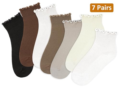 Women’s Ruffle Socks, Turn-Cuff Frilly Crew Socks for Women Girls Cotton Ankle High Mid Calf Socks 7 Pairs2