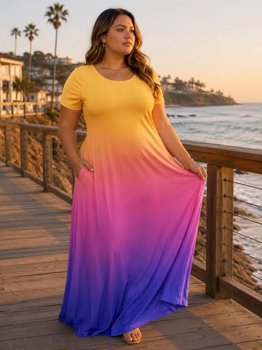 Image of PinkPatty Women's Plus Size Maxi Dresses Short Sleeve Sundress Summer T-Shirt Beach Long Dress with Pockets
