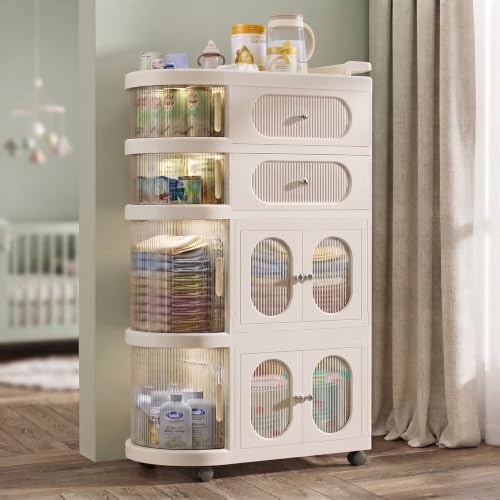 Image of StarAndDaisy Baby Storage Trolley with Wheels, 4-Tier Plastic Nursery Organizer with Drawers, Multipurpose Storage Rack for Baby Essentials, Diapers, Clothes, Toys (Off-White, Storage Cart)