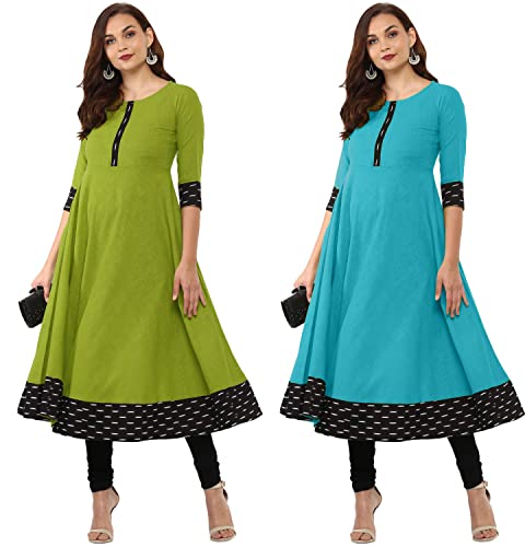 Image of NATEK Cotton Anarkali Printed Border Kurtis for Women Combo Pack of 2