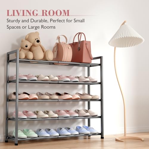 Image of Bumusty 5-Tier Expandable Shoe Rack for Closet, 18 inch-33 inch Adjustable Shoe Rack for Small Space, Small Shoe Organizer for Front Door, Sturdy Metal (Grey)