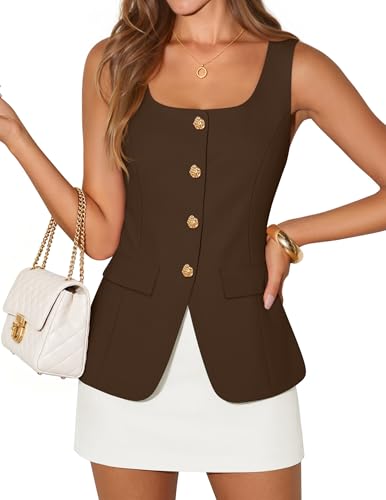 ZESICA 2026 Summer Casual Sleeveless Suit Vest for Women Square Neck Button Down Work Business Blazer Vests Waistcoat Brown Medium