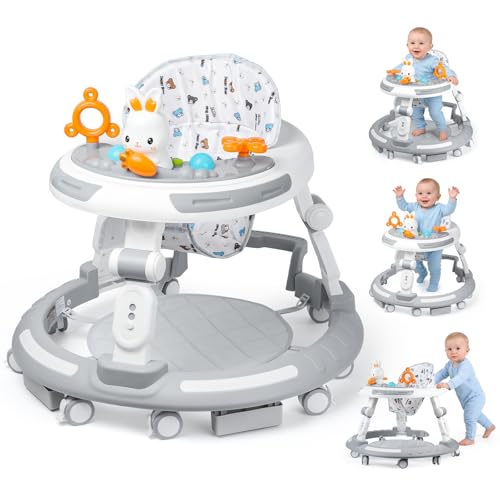 Baby Walker with Wheels - Foldable Baby Walker 4-in-1 Baby Walkers for Boys and Girls 6-12 Months Infant Walker with Adjustable Height Baby Activity Walker with Toys Music Lights Anti-Rollover
