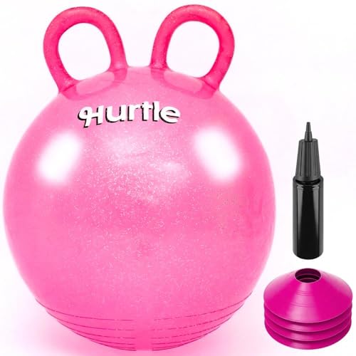 Hurtle Pelota Saltarina con Purpurina 45,7 cm para Niños de 3 a 6 Años, de Salto con Asas, Bomba de Aire y 4 Conos, Juguete de Equilibrio para Interior y Exterior, PVC Antideslizante