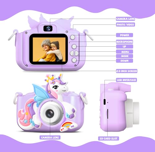 Image of Kids Camera Digital Camera for Age 3-8,1080P HD Video Selfie Toddler Camera with Soft Cover, Christmas Birthday Gifts for Kids - 32GB SD Card - Purple