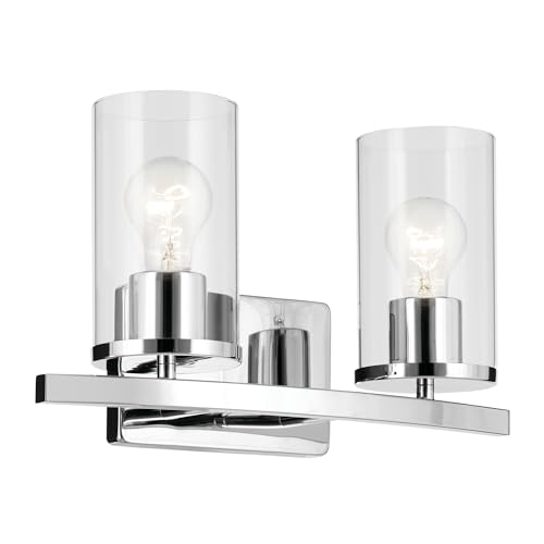 Image of Kichler Crosby 15.25 inch 2-Light Bathroom Vanity Light Fixture with Clear Glass in Chrome for Modern Powder Room, Wall Mount Over Mirror (15.25 inch x 8.75 inch), 45496CHCLR