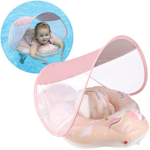 Image of Swimbobo Infant Pool Float with Sun Canopy Inflatable Baby Swimming Floatie with Sponge Safety Bottom Support Water Toys Swimming Trainer(Pink Swan,Small)