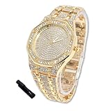Halukakah Orologio in oro con diamanti ghiacciati per ragazzi, ragazzi e bambini, placcato in oro 18 carati, quadrante ottagonale con numeri romani da 40 mm, al quarzo giapponese, lunghezza 20,3 cm