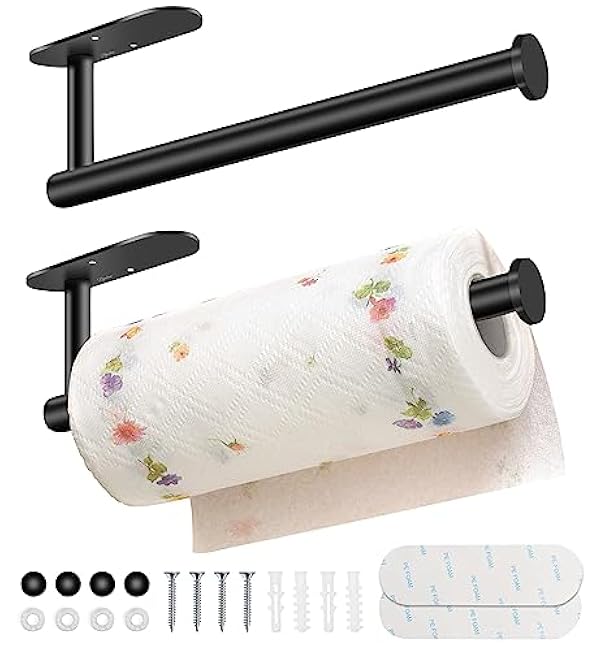Paper Towel Holder Under Cabinet - Bjiotun Adhesive Paper Towel Holder Wall Mount, Stainless Steel 13.2 Inch Paper Towel Racks for Bathroom Kitchen Paper Towel Holder Countertop (2 Pack, Black)