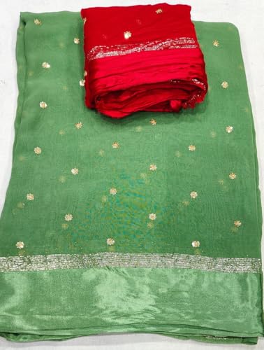 Image of Pure Georgette Sequence Work Saree with Contrast Blouse, Satan Patta Fabric
