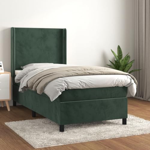 Holamys Cama con somier con colchón, color verde oscuro 100 x 200 cm, terciopelo, cabecero de altura regulable, núcleo de muelles ensacados, muebles para dormitorio