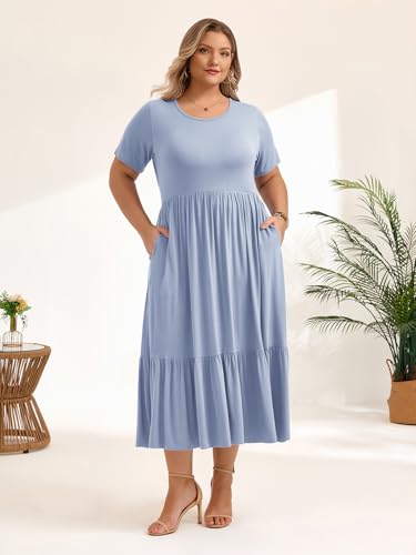 Image of LARACE Plus Size Dresses for Women Summer Casual Short Sleeve Long Dress Flowy Maxi Beach Dresses with Pockets L-6XL