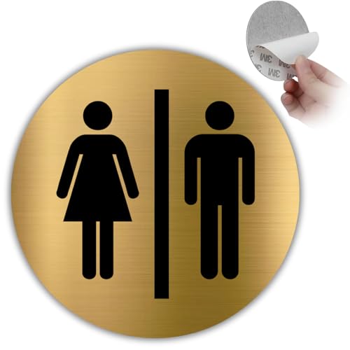 Señal Dorada WC Mujer & Hombre - Grosor 0.8 mm - Diámetro 10 cm - Aluminio Señalización De Baños - Señal Aseos - Signo Baño Unisex - Baño Mixto (Baño Unisex)