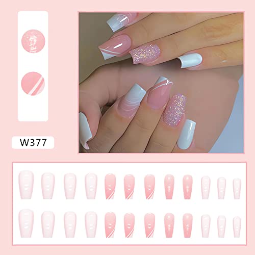 Pink Press On Nails Square Fake Nails Medium Acrylic Glitter False Nails With Designs White Glossy Full Cover Artificial Glue On Nails Stick On Nails For Women Girls Manicure Art 24Pcs #TOP1