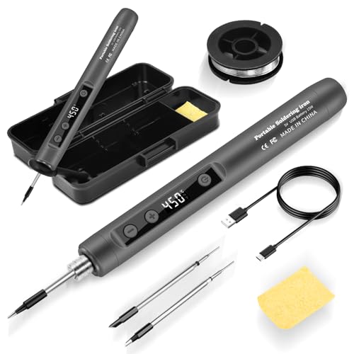 Daakro 2-in-1 Grey Rechargeable Soldering Iron Set 180-450 with Adjustable Temperature with LED Display Portable Soldering Pen for Jewelry Making DIY Projects Soldering Circuit Boards etc