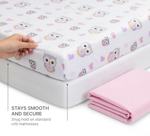 Image of EVERYDAY KIDS 2 Pack Fitted Girls Crib Sheet, 100% Soft Breathable Cotton Baby Sheet, Fits Standard Size Crib Mattress 28in x 52in, White Nursery Sheet with Pink Owls and Hearts and a Solid Pink