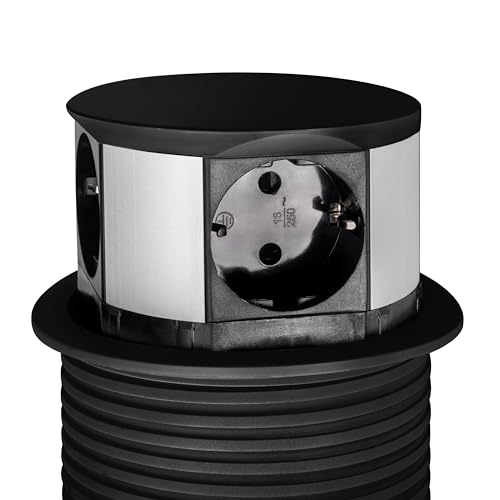 Emuca - Multiconnettore Vertikale Push Diametro 100Mm, 3 Spine Di Tipo Schuko, 1 Usb A, 1 Usb C, Acciaio E Tecnoplastica, Verniciato Nero - 7