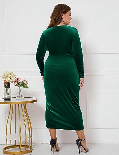Image of ZOMVA Plus Size Velvet Wrap Dress Ruched Bodycon Dress Long Sleeves Ruffle Long Elegant Party Wedding Guest Cocktail Holiday