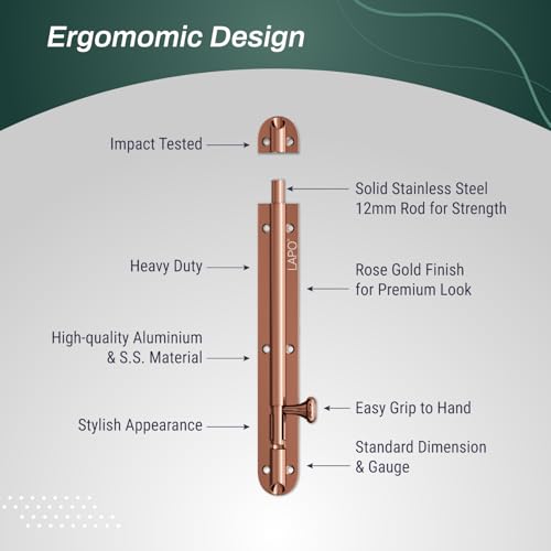 Image of LAPO 6 Pack Heavy Duty Stainless Steel Tower Bolt 8 Inch,Tower Bolt for Main Door and Bathroom, Kundi Latch for bedroom, Chitakni, Tower Bolt for Home,Offices Doors,Window (Rose Gold Finish,Pack of 6)