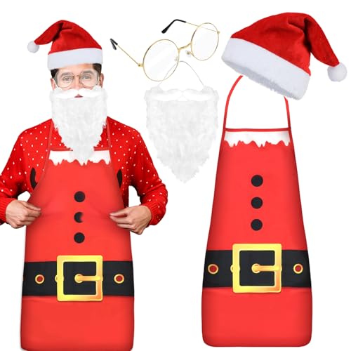 HOWAF Costume Babbo Natale Uomo Donna, Cppello Natale Cappello Babbo Natale, Grembiule Natale Grembiule Cucina Natale,...