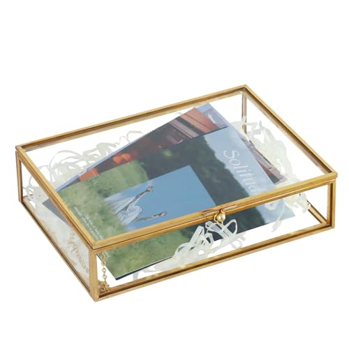 HighFree Gold Glass Photo Box - Vintage Photo Storage Organizer - Keepsake Display Box - Clear Jewelry Glass Box - Home Decor Box for Trinket Rings Bracelet (Medium)