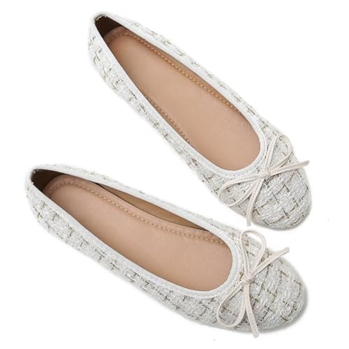 LUXINYU Women Fashion Pointed Toe Bowknot Plaid Upper Slip on Ballet Flats Low Heel Party Dress Shoes Casual Shoes Office Shoes