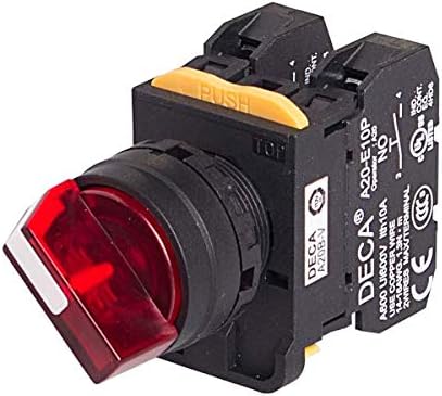 A20F-21E10QHR, 22mm Selector Switch, 2 Positions, Illuminated, Spring Return from Right, 1NO 10A 110V, Red Knob & LED 110V AC/DC