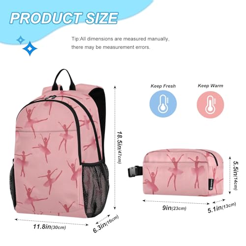 Kids Backpack Pink Ballerina Pattern Boys Girls School Backpack with Lunch Bag Bookbag Set2