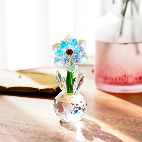 KRISININE Crystal Sunflower Figurine Handcrafted Glass Flowers Collectible Small Sunflower Paperweight Table Decoration for Home Decor