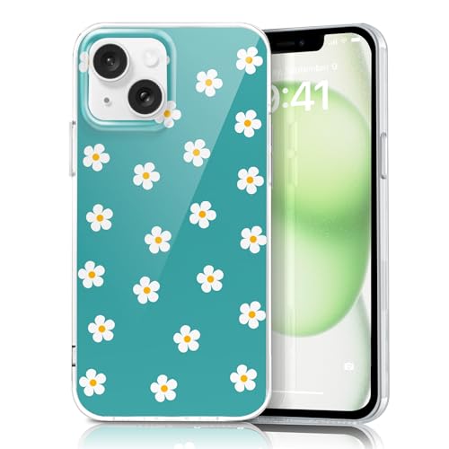 Coque iPhone 13 rigide fine PC femme avec motif marguerite coque iPhone 14 cyan