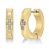 Metro Jewelry - Pendientes de aro de circonita cúbica blanca para hombre en acero inoxidable con chapado en oro amarillo e incrustaciones de acento cruzado, Metal Gema, circonita