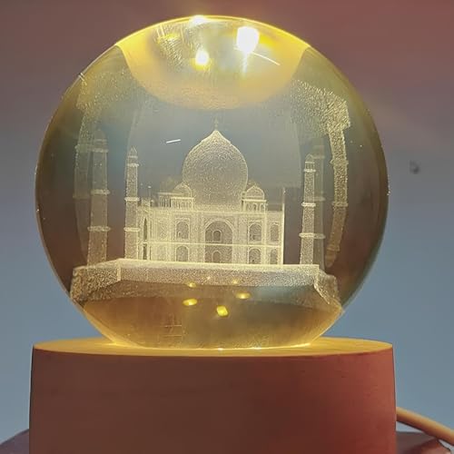Image of 3D Crystal Ball Night Light with Wooden Base, Aesthetic Clear LED Lamp for Home and Bedroom Touch Switch, Warm Light for Kids and Teens Perfect Birthday & Anniversary (Taj Mahal)