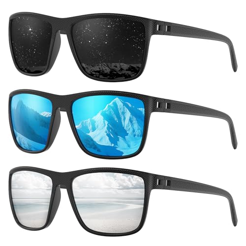 Fanshen Polarized Sports Sunglasses for Men, UV Protection Lightweight Sun Glasses for Driving Fishing Golf Cycling ((3 Pack) Black&Ice Blue&Silver)