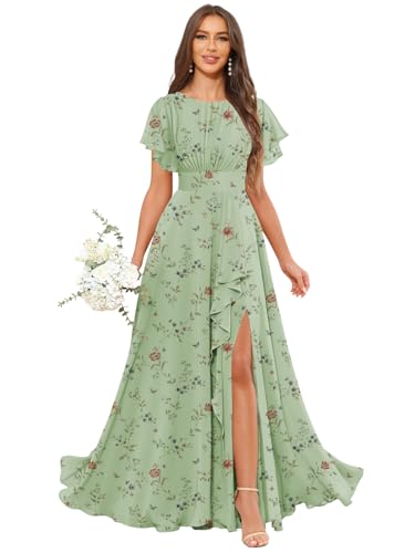 Long Chiffon Bridesmaid Dresses with Sleeves Floral Summer Ruffle Formal Evening Gown4
