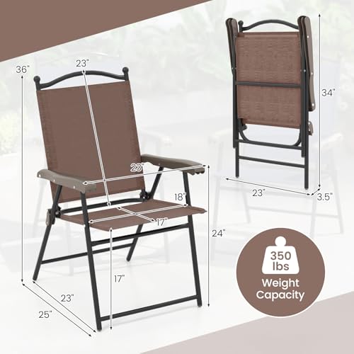 Giantex Set of 2 Patio Folding Chairs, Outdoor Patio Dining Chairs w/Armrest, Sling Back, Metal Frame, Outside Use for Lawn Camping Garden Pool Beach Yard Lounge, No Assembly, Brown - Thumbnail 3