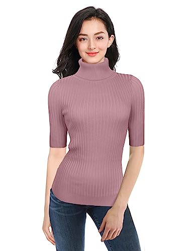 Image of v28 Women Turtleneck 1 /2 Half Sleeve Highly Stretchy Ribbed Knit Fitted Sweater