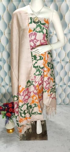 Image of Katan Slub Silk Unstitched Salwar Suit Dress Material for Women & Girls with Dupatta | Madhubani Screen Print | Top-2.5M, Bottom-2.5M, Dupatta-2.4M | Ethnic Wear | Code 243