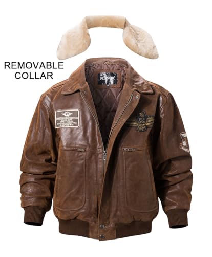 FLAVOR Men's Real Leather Bomber Jacket with Removable Fur Collar Aviator4