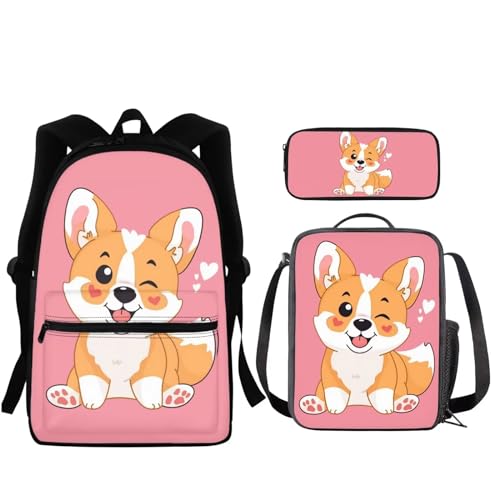 Corgi Backpack for School 5t 6 Years Girls with Lunch Box Cute Animal School Bag and Lunch Bag Set for Primary Middle School 15 Inch Bookbag/Lunchbox for Kids Pencil Case