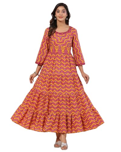 Image of SAVI Women's Pink Cotton Printed Tiered Maxi Dress | Round Neck | 3 /4 Sleeves | Gathered Waist | Flared Long Dress | Casual & Ethnic Wear