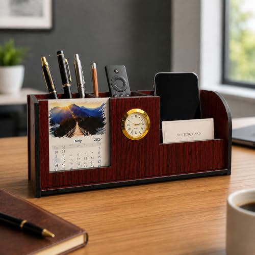 Image of Zesta Wooden Desk Organizer Pen Stand Remote Holder Card Slot | Table Accessory Office Desk Study Room | Pencil Storage Stand Stylish Workspace Decor (Rosewood, Executive)