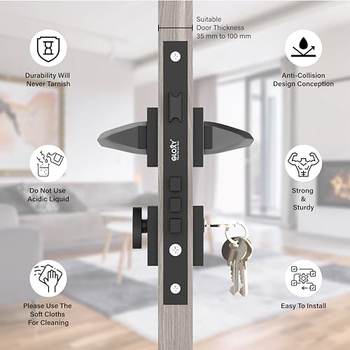 Image of GLOXY Zinc Door Lock for Main Door Mortise Set with 3 Brass Keys, Bedroom Handle Lock for Home /Office /Hotel | Black Finish (2 Years Warranty, Pack fo 1)