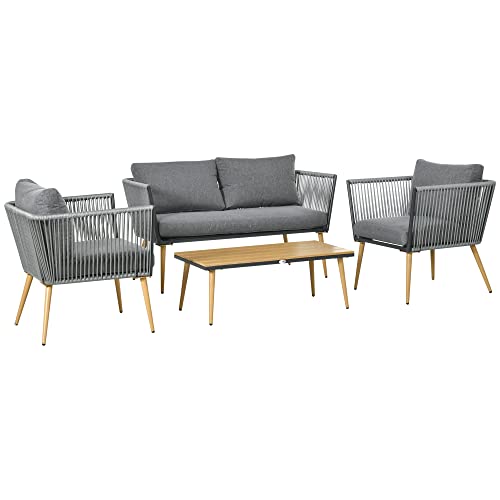 Outsunny - Outsunny Salon de Jardin en résine tressée 4 Places avec 1 canapé 2 fauteuils et 1 Table Basse 7 Coussins Inclus Gris