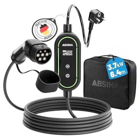 ABSINA Kabel ładujący typu 2 Schuko z regulowaną mocą ładowania – kabel do ładowania ICCB 3,7 kW 16 A 1-fazowy IP67 z kablem 6,40 m - kabel do ładowania Schuko na typ 2 do i3, e-Up, ID.3, ID.4, Zoe