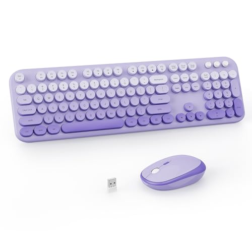 Wireless Keyboard and Mouse Combo 2.4GHZ Typewriter Retro Full Size Keyboards Cute Colorful Computer Keyboard and Wireless Mouse for Laptop/Desktop/Windows/PC (Purple Gradient)