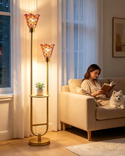 Image of Modern Glass Floor Lamp with Storage Table 2-Lights Gold Standing Tall Lamps with Pomegranate Red Glass Shade for Wedding /Party,LED Floor Lamp for Living Room Bedroom Home Decor