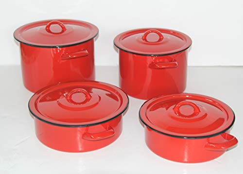 Batería de cocina esmaltada de 8 piezas, color rojo, inducción, con tapa, 'pájaro'