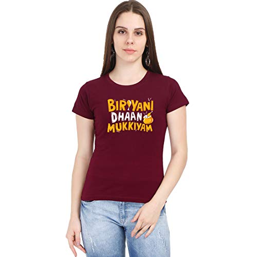 Image of Biriyani Dhaan Mukkiyam Women's Maroon Half Sleeve Tamil Round Neck T-Shirt